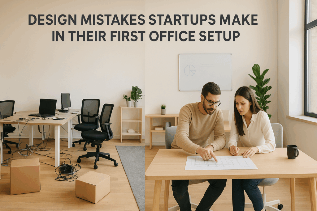Startup founders planning their first office setup with design mistakes on one side and an organized workspace on the other Morphora Spaces office design blog