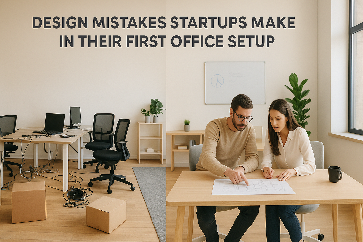 Startup founders planning their first office setup with design mistakes on one side and an organized workspace on the other Morphora Spaces office design blog