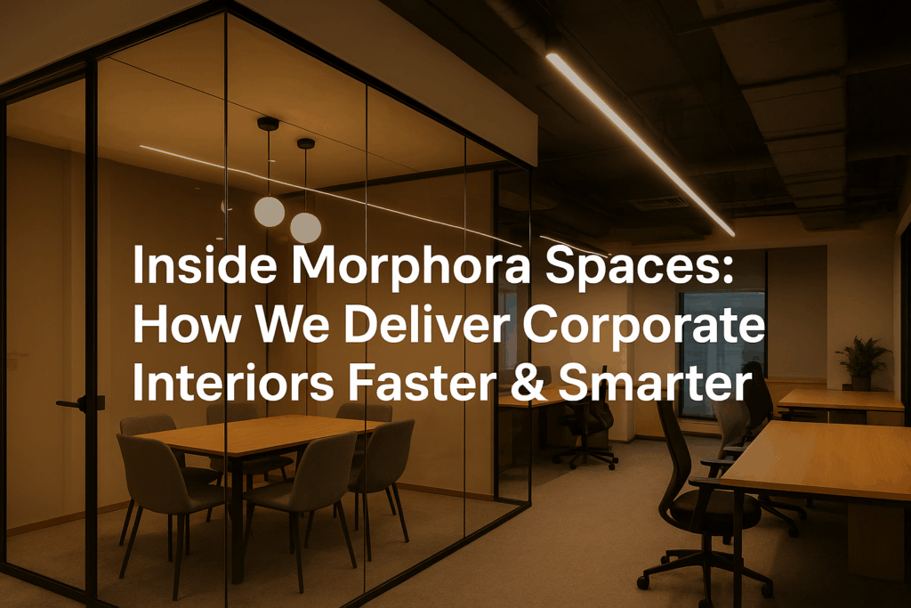 Modern corporate office interior designed by Morphora Spaces sleek glass partitions, warm lighting, and collaborative work zones showcasing fast and smart project execution.