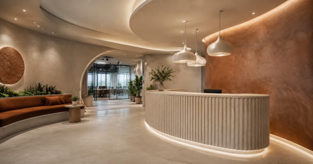 Modern office reception design with a branded desk and comfortable visitor seating